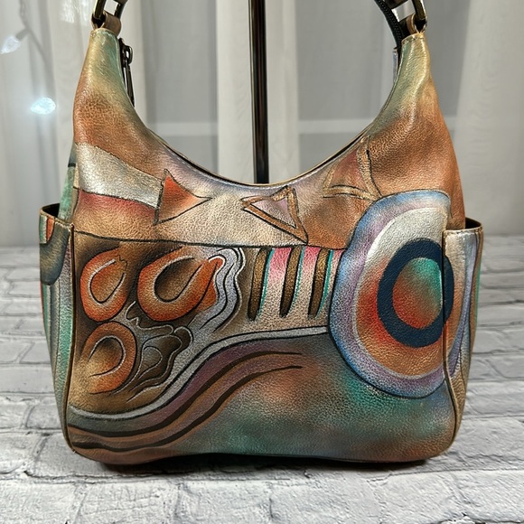 Anuschka Hand Painted Leather Purse Boho Hippie Handbag Tote India Abstract Art - Picture 4 of 16
